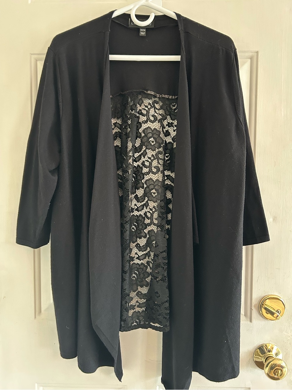 Lane Bryant Black Open front Top with Lace design on back